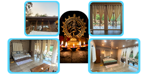 A collage of accommodation at India Yoga School.