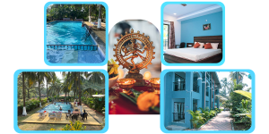 A collage of accommodation at India Yoga School.