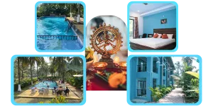 A collage of accommodation at India Yoga School.